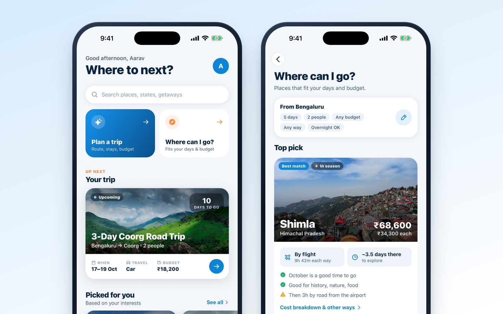 JrnyLoop's home screen and the Where can I go? results for a 5-day trip from Bengaluru