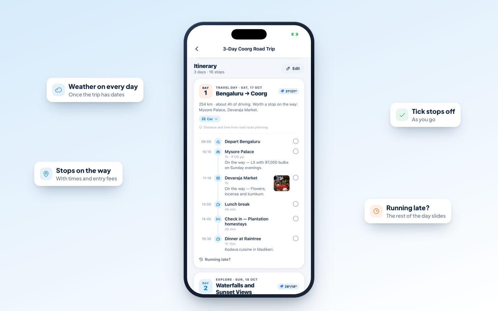 A JrnyLoop itinerary day with weather, stop times and the Running late? button
