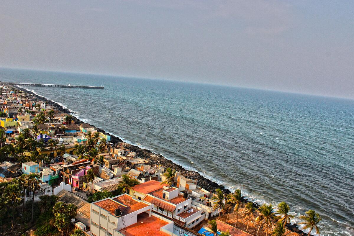 An aerial view of Pondicherry's Rock Beach and the town along the sea
