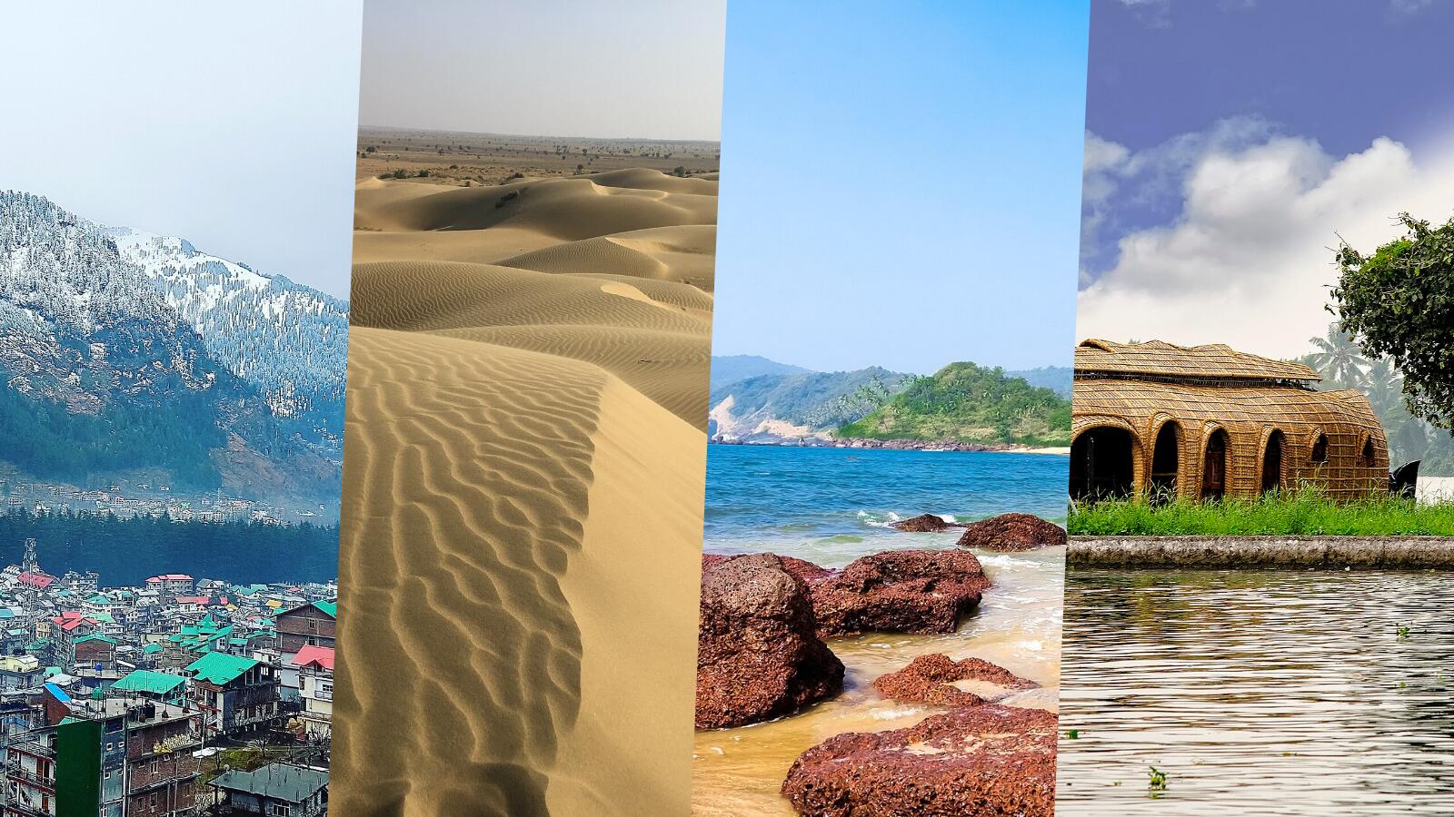 Four photos side by side: snowy peaks above Manali, the Sam sand dunes, a rocky beach in Goa and a Kerala houseboat