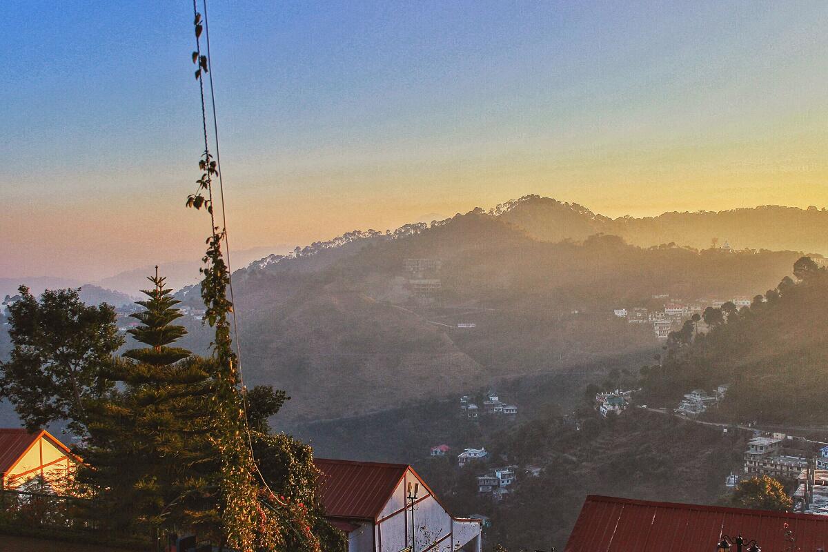 Pine-covered hills around Kasauli at sunset