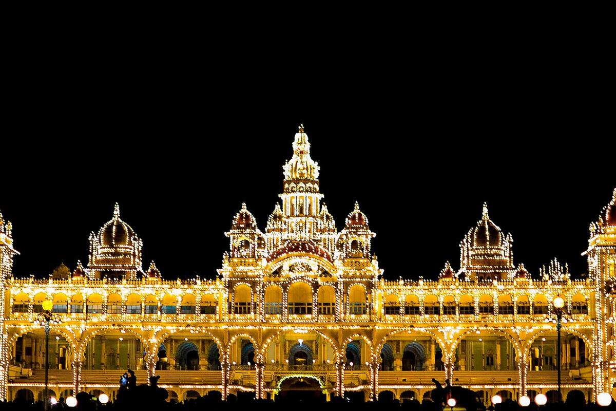 Mysore Palace lit up with thousands of bulbs at night