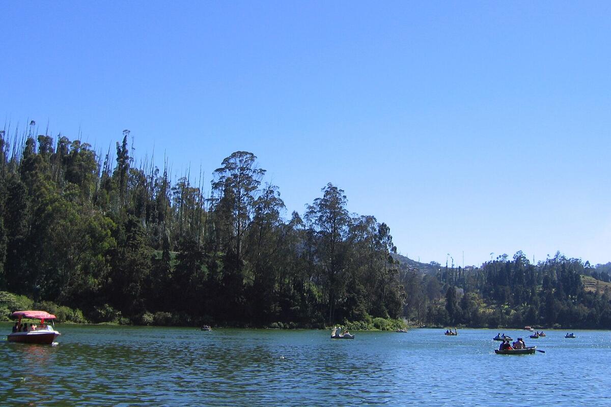 Ooty Lake with boats and forested hills around it