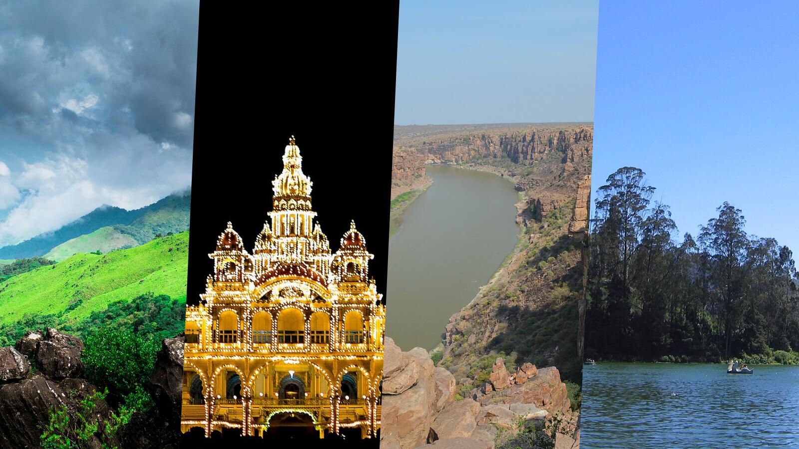 Four photos side by side: the green hills of Coorg, Mysore Palace lit up at night, the Gandikota canyon and Ooty Lake