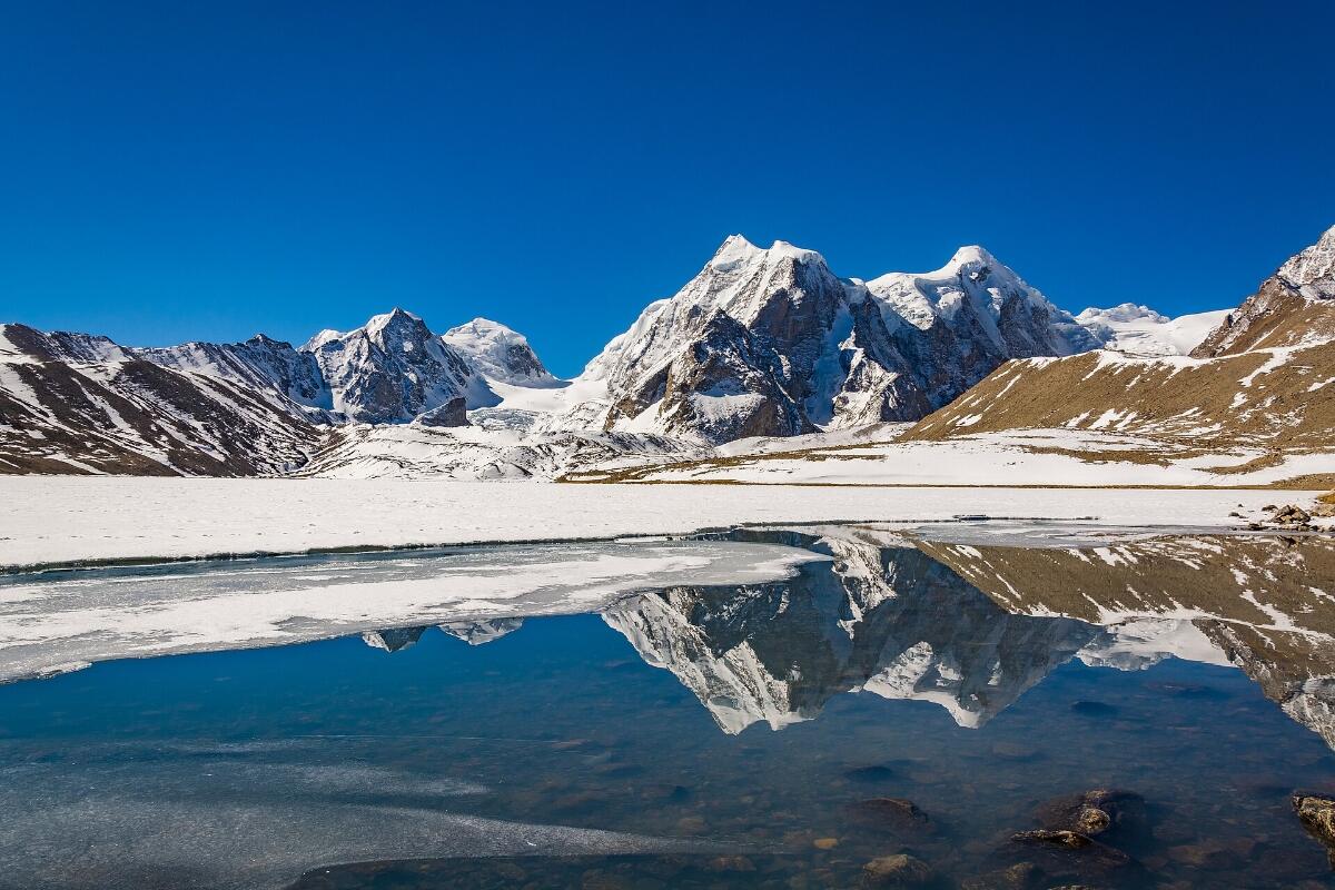 Gurudongmar Lake in North Sikkim reflecting snow-capped peaks