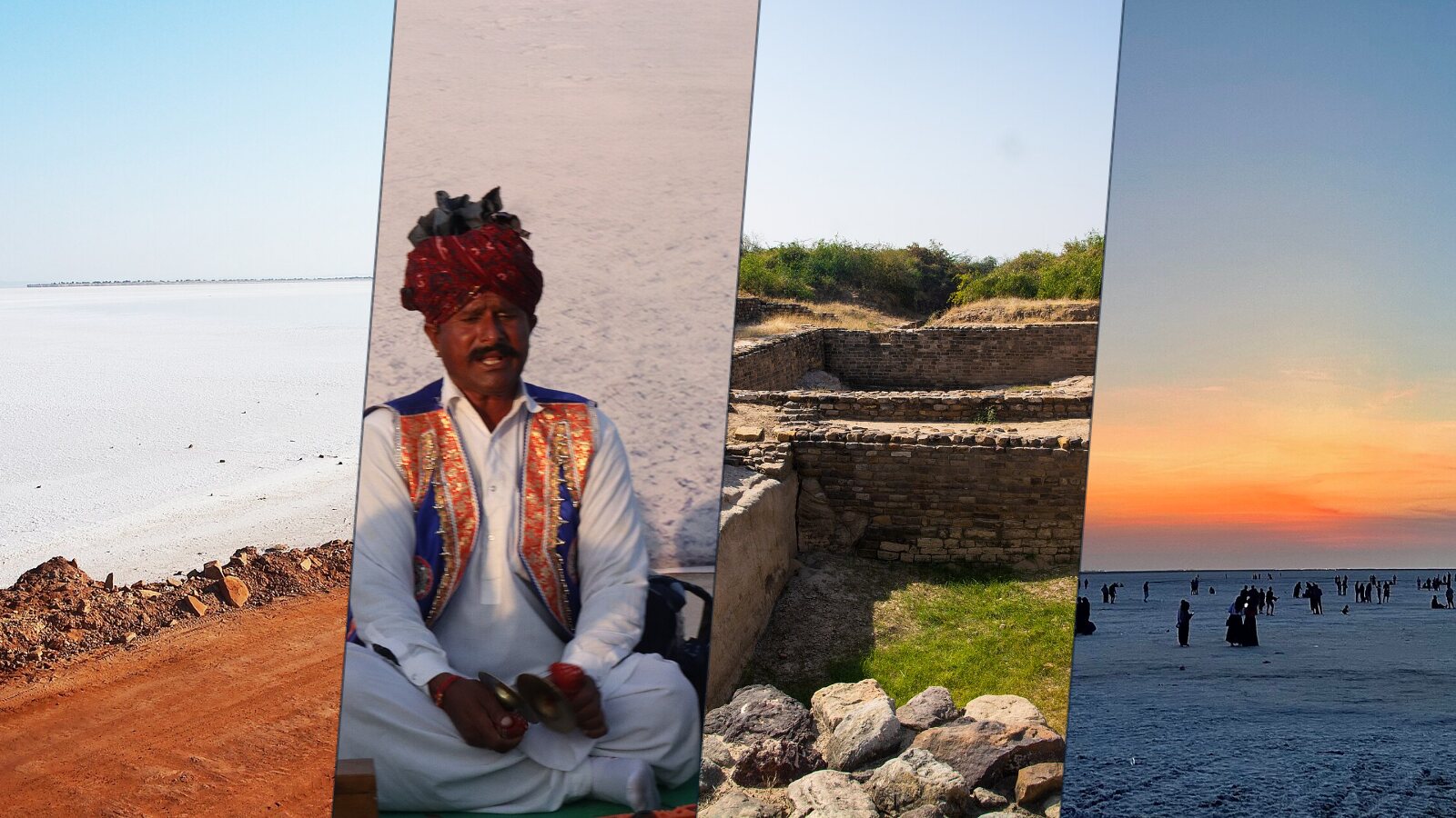 Four photos: the White Rann's salt, Kutchi folk musicians, Dholavira's stone reservoirs and sunset on the salt