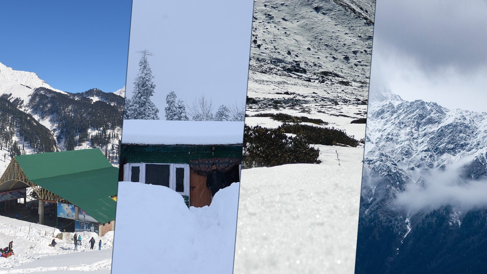 Four photos: snow in Solang Valley, a snowbound cottage in Gulmarg, Yumthang's snowfields and the peaks around Auli