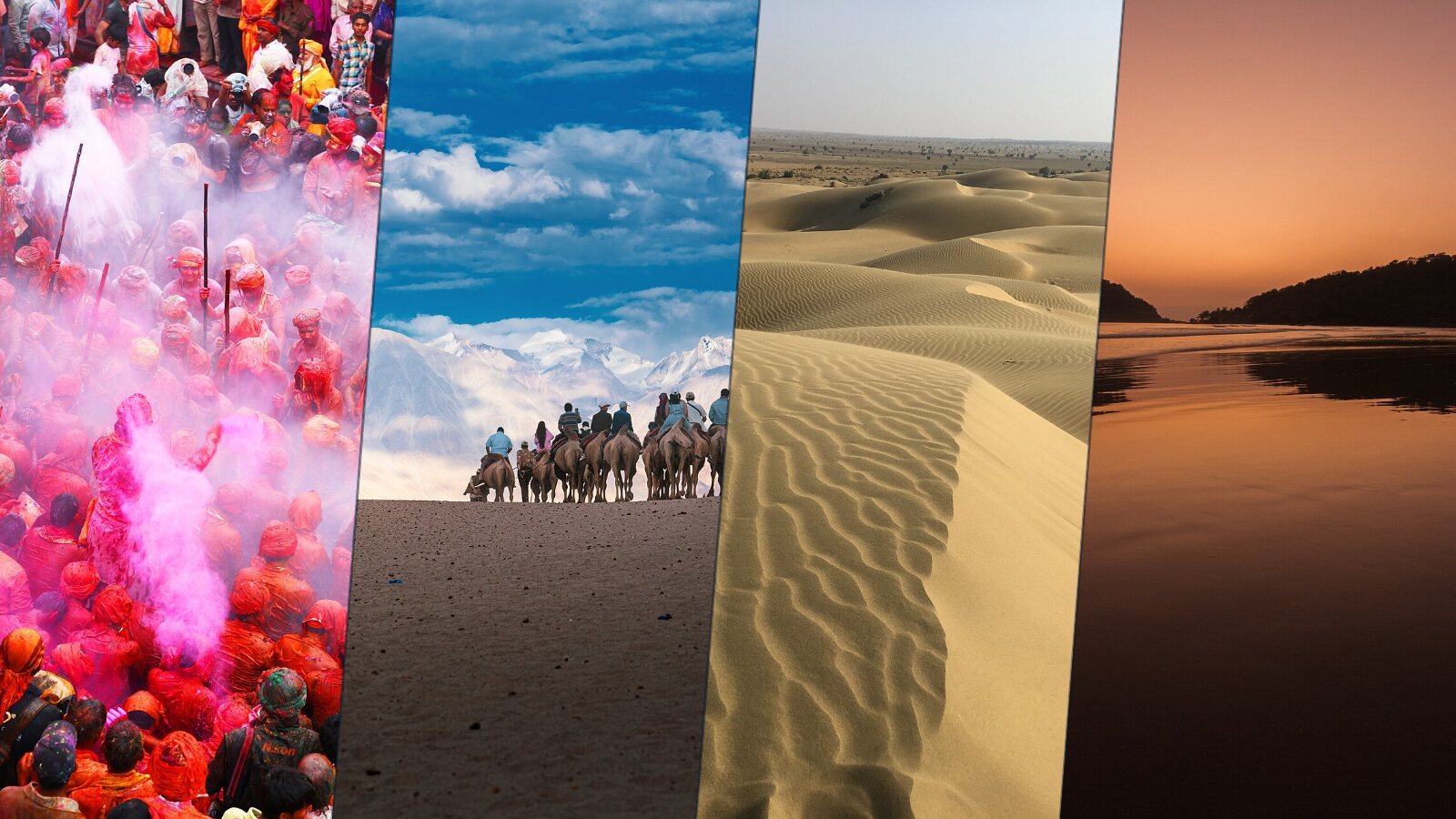 Four photos: holi colours in Barsana, camels in Nubra Valley, the Sam dunes of Jaisalmer and sunset at Palolem, Goa