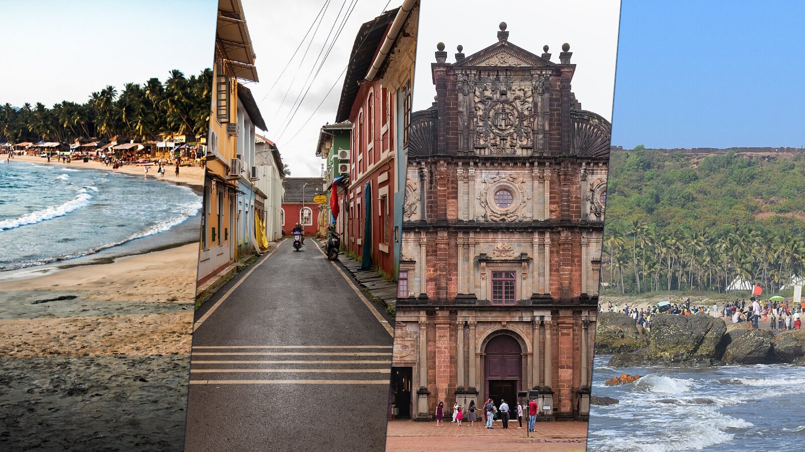 Four photos: palolem beach, a painted lane in Fontainhas, the Basilica of Bom Jesus and the sea below Chapora Fort