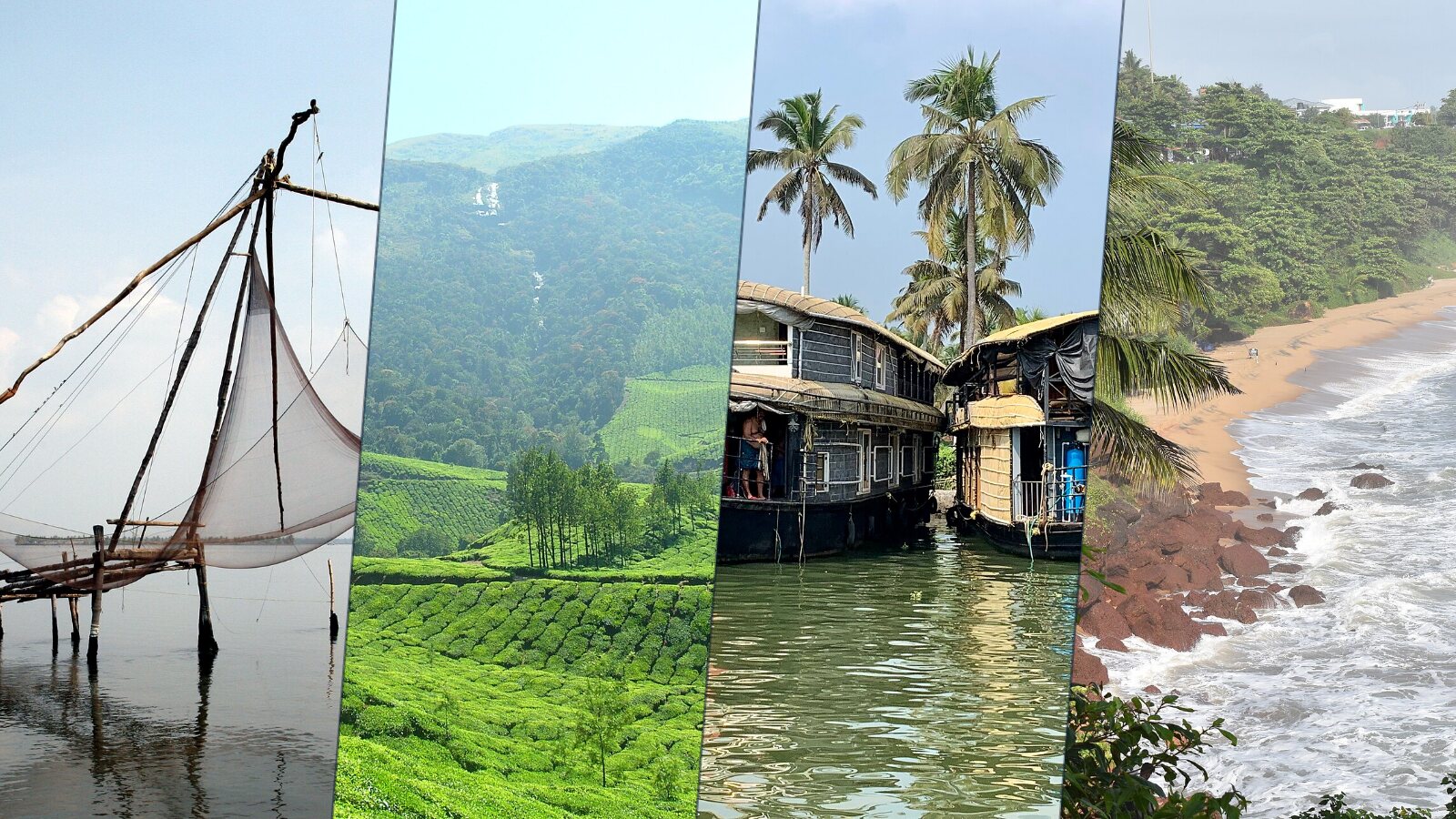Four photos: kochi's Chinese fishing nets, Munnar's tea estates, houseboats in Alleppey and the cliff at Varkala