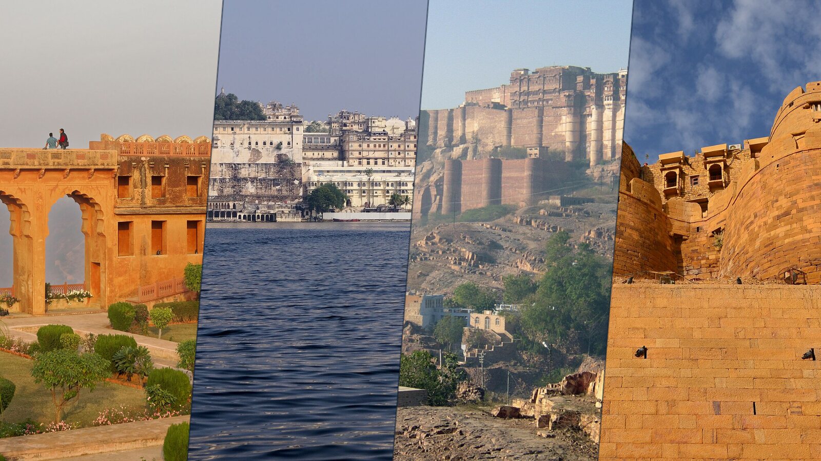 Four photos: jaigarh Fort in Jaipur, Udaipur's City Palace on Lake Pichola, Mehrangarh Fort and Jaisalmer Fort