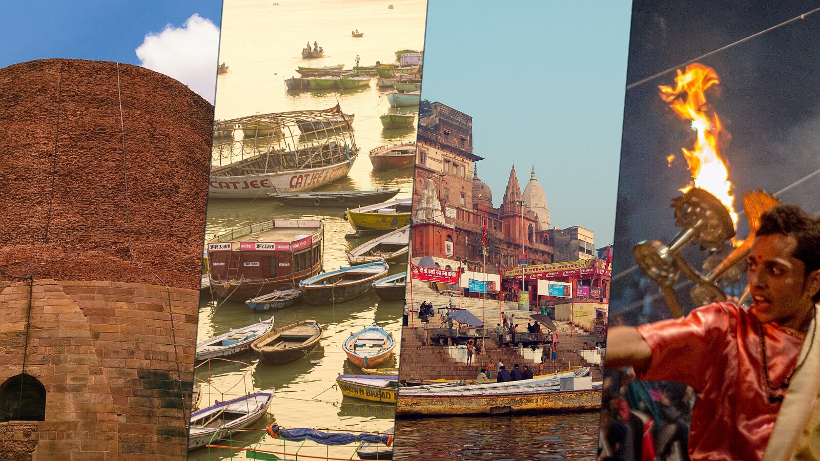 Four photos: the Dhamek Stupa at Sarnath, boats on the Ganga at dawn, the ghats of Varanasi and the Ganga aarti