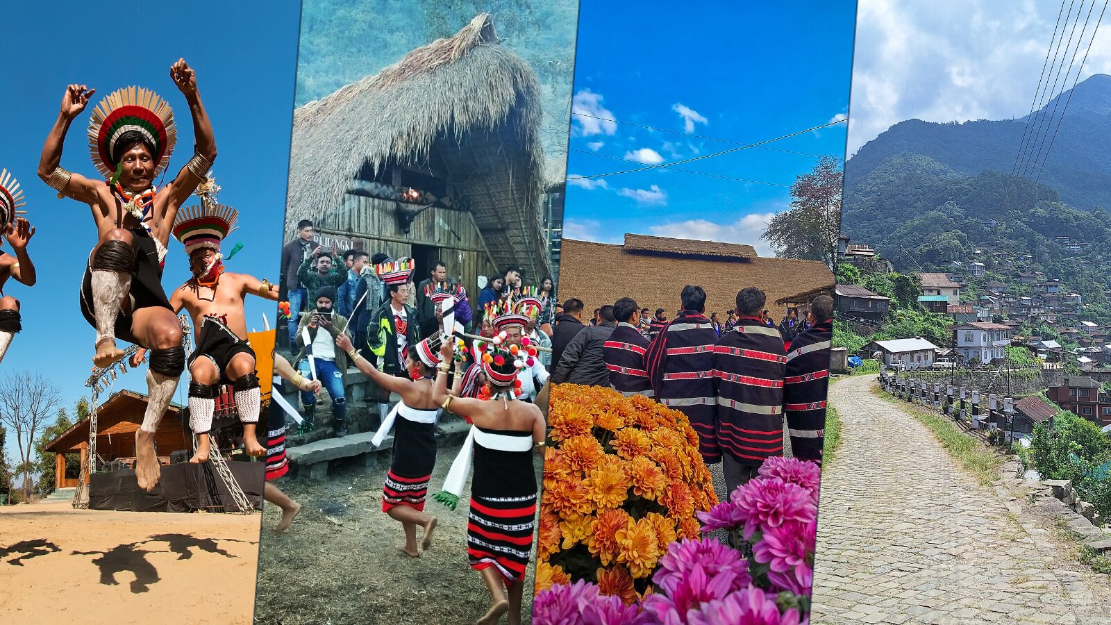 Four photos: Naga dancers leaping at the Hornbill Festival, a dance in front of a morung, Rengma Nagas at Kisama and the village of Khonoma